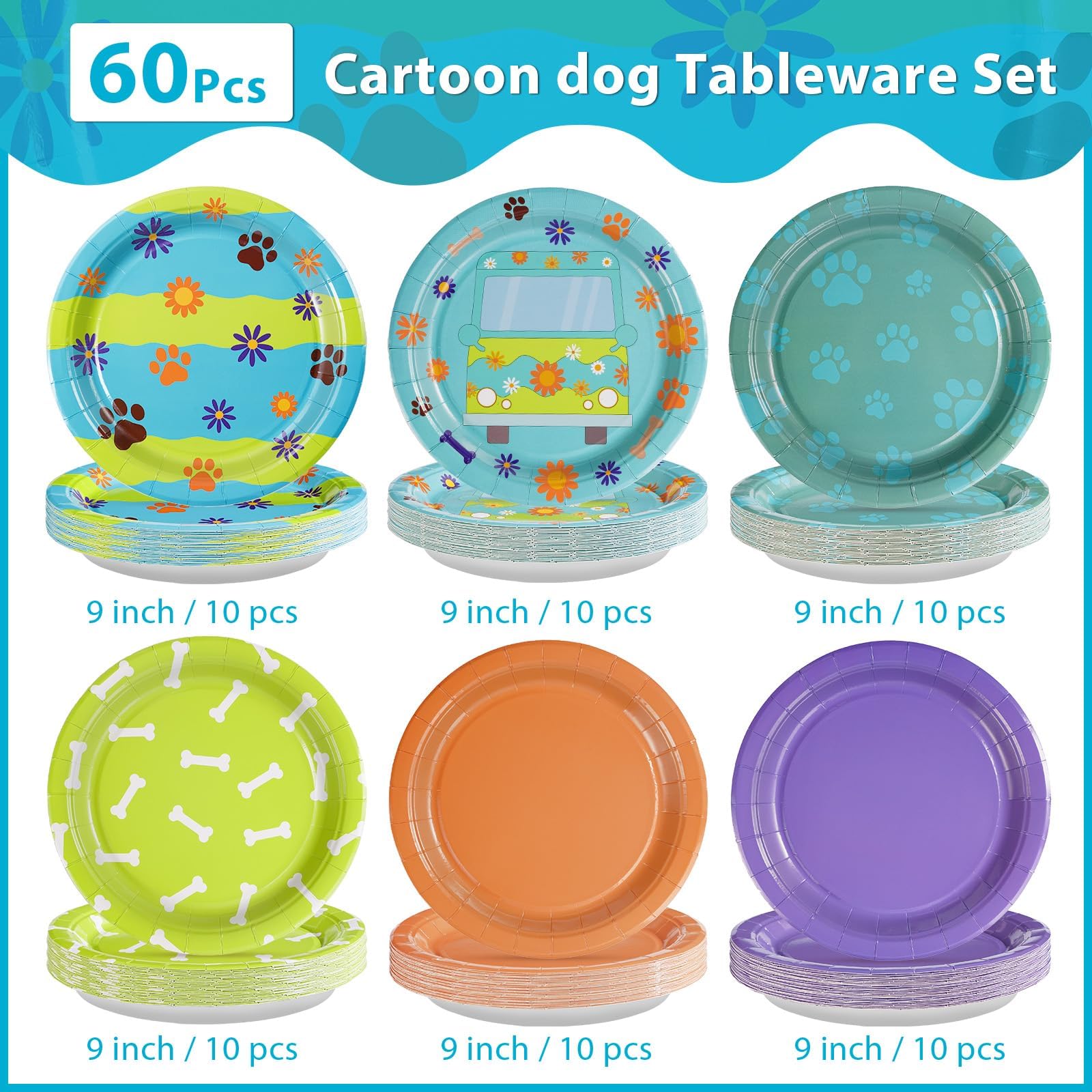 60 Pcs Blue and Green Cartoon Dog Party Plates - Grencian