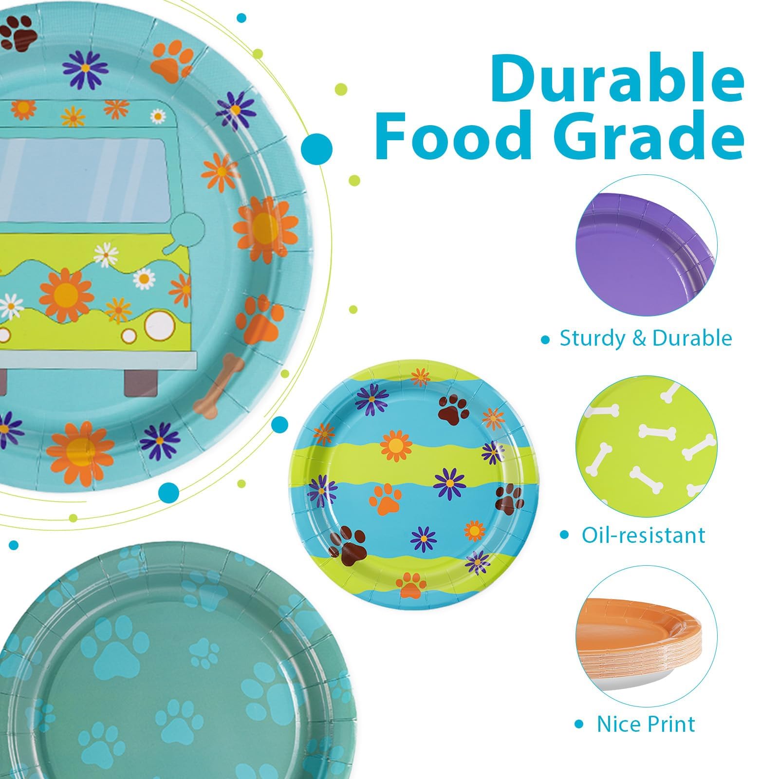 60 Pcs Blue and Green Cartoon Dog Party Plates - Grencian