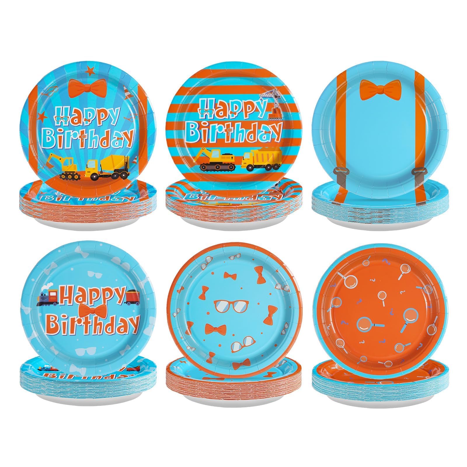 60 Pcs Blue and Orange Tie Party Plates - Grencian