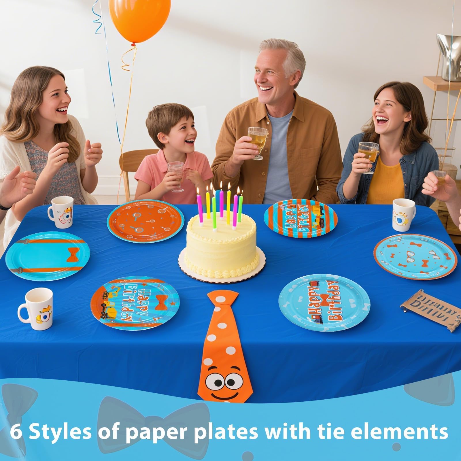 60 Pcs Blue and Orange Tie Party Plates - Grencian