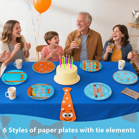 60 Pcs Blue and Orange Tie Party Plates - Grencian