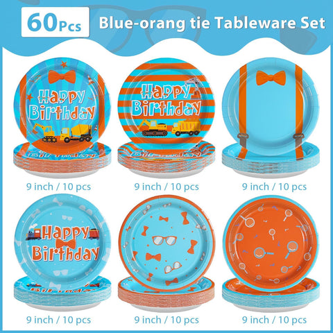60 Pcs Blue and Orange Tie Party Plates - Grencian