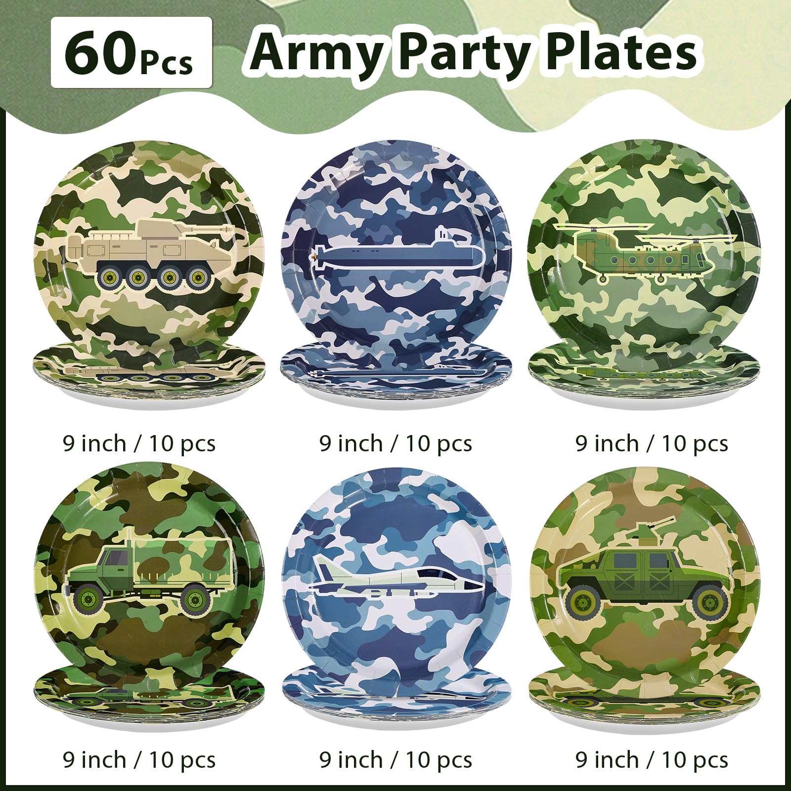 60 Pcs Camo Army Party Plates - Grencian