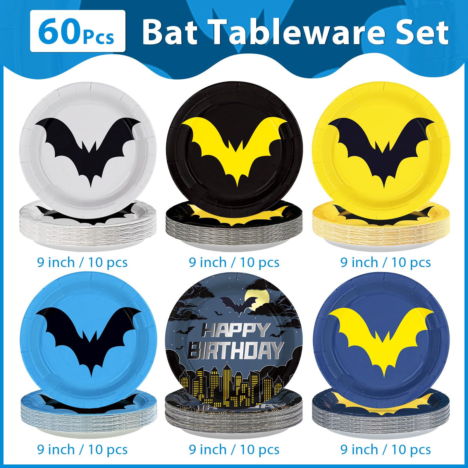 60 Pcs Cartoon Bat Birthday Party Plates - Grencian