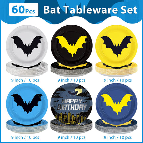 60 Pcs Cartoon Bat Birthday Party Plates - Grencian