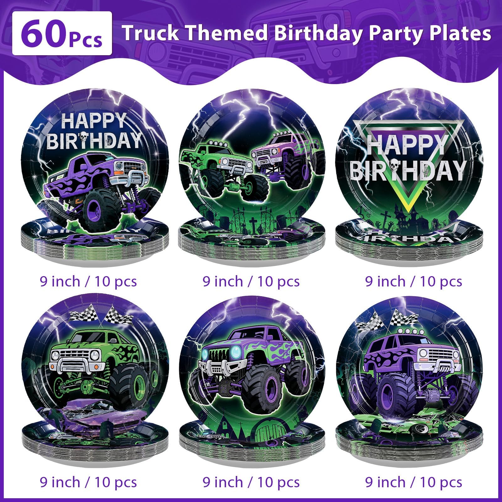 60 Pcs Cartoon Truck Birthday Party Plates - Grencian