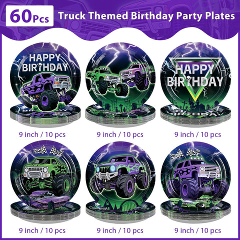 60 Pcs Cartoon Truck Birthday Party Plates - Grencian