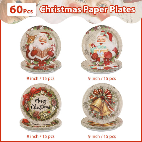 60 Pcs Christmas Santa Claus Party Plates - Grencian
