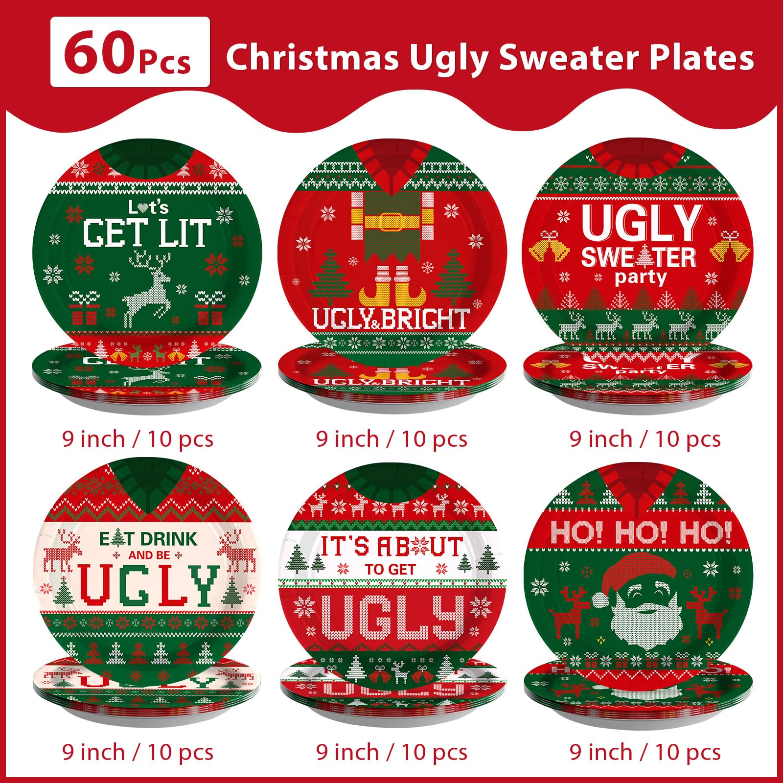 60 Pcs Christmas Ugly Sweater Party Plates - Grencian