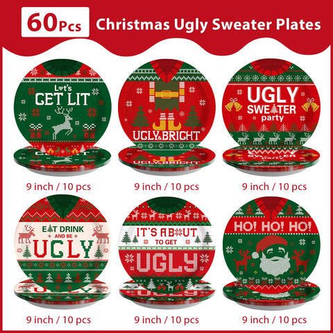 60 Pcs Christmas Ugly Sweater Party Plates - Grencian