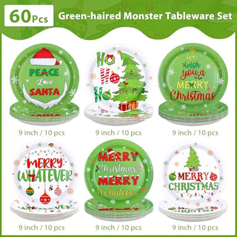 60 Pcs Christmas White Green Party Plates - Grencian