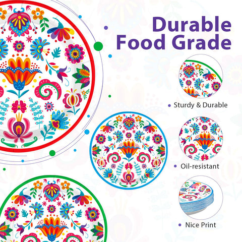 60 Pcs Colorful Mexican Party Plates - Grencian
