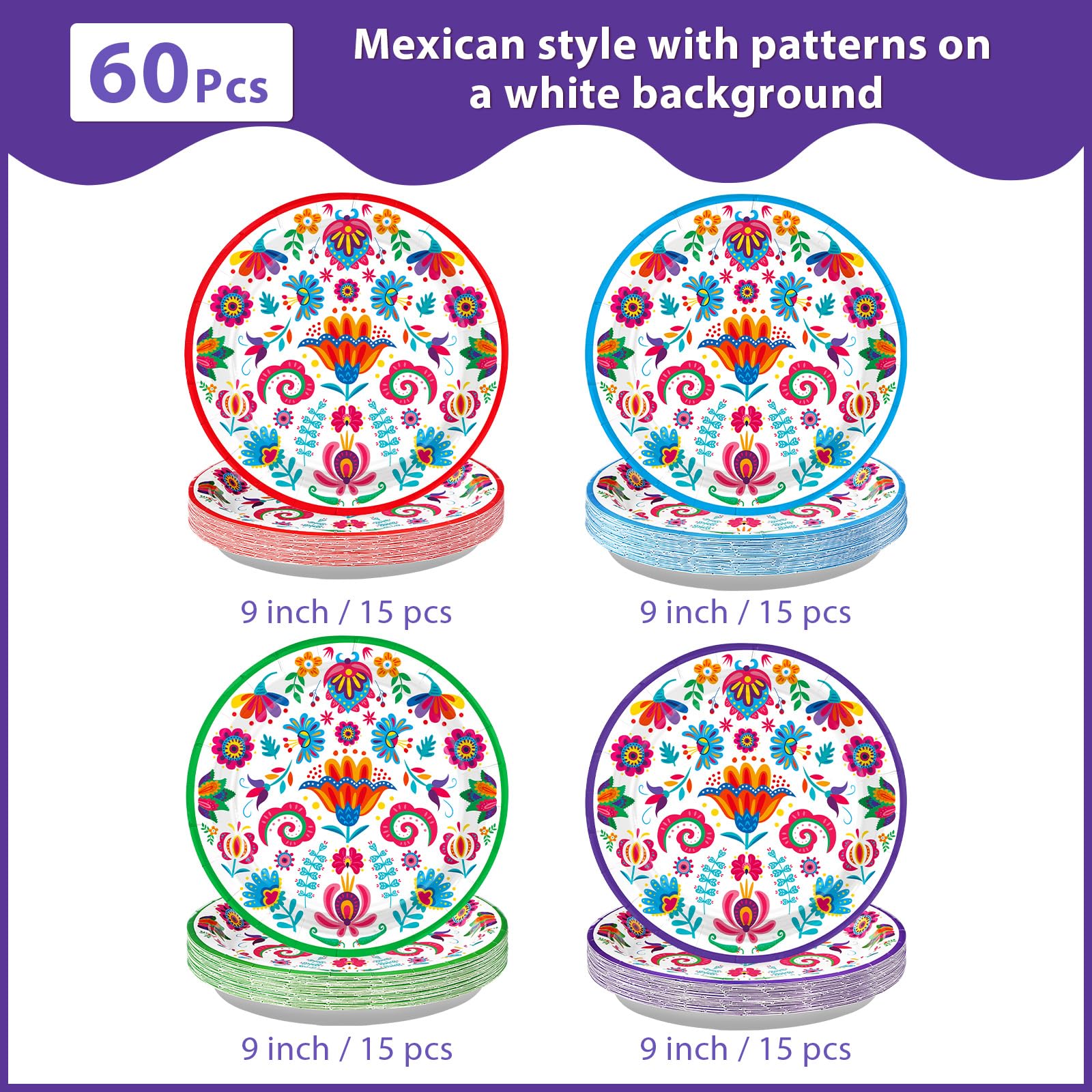 60 Pcs Colorful Mexican Party Plates - Grencian