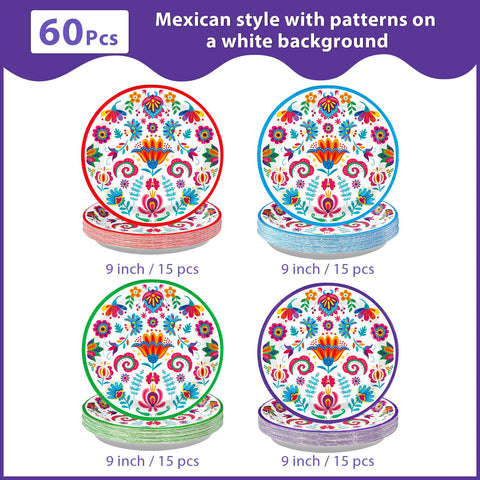 60 Pcs Colorful Mexican Party Plates - Grencian