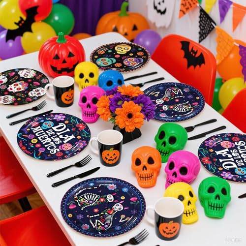 60 Pcs Dia De Los Muertos Party Plates - Grencian