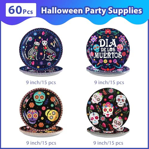 60 Pcs Dia De Los Muertos Party Plates - Grencian