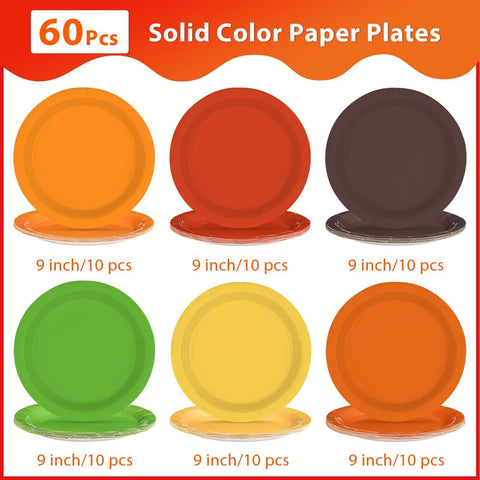 60 Pcs Fall Solid Color Party Plates - Grencian