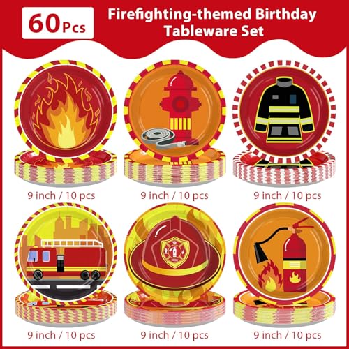 60 Pcs Firetruck Party Plates - Grencian