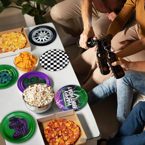 60 Pcs Green Purple Monster Themed Truck Party Plates - Grencian