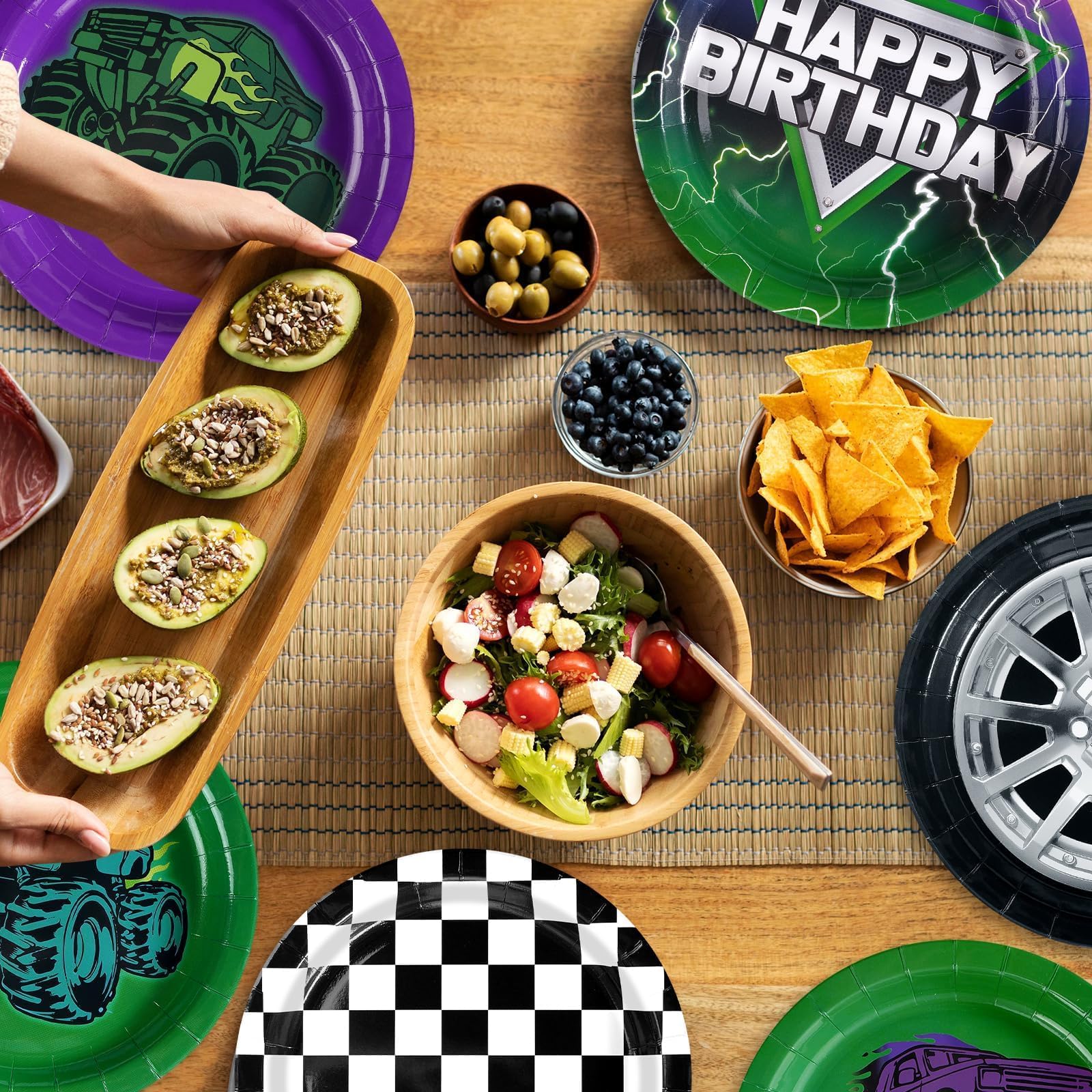 60 Pcs Green Purple Monster Themed Truck Party Plates - Grencian