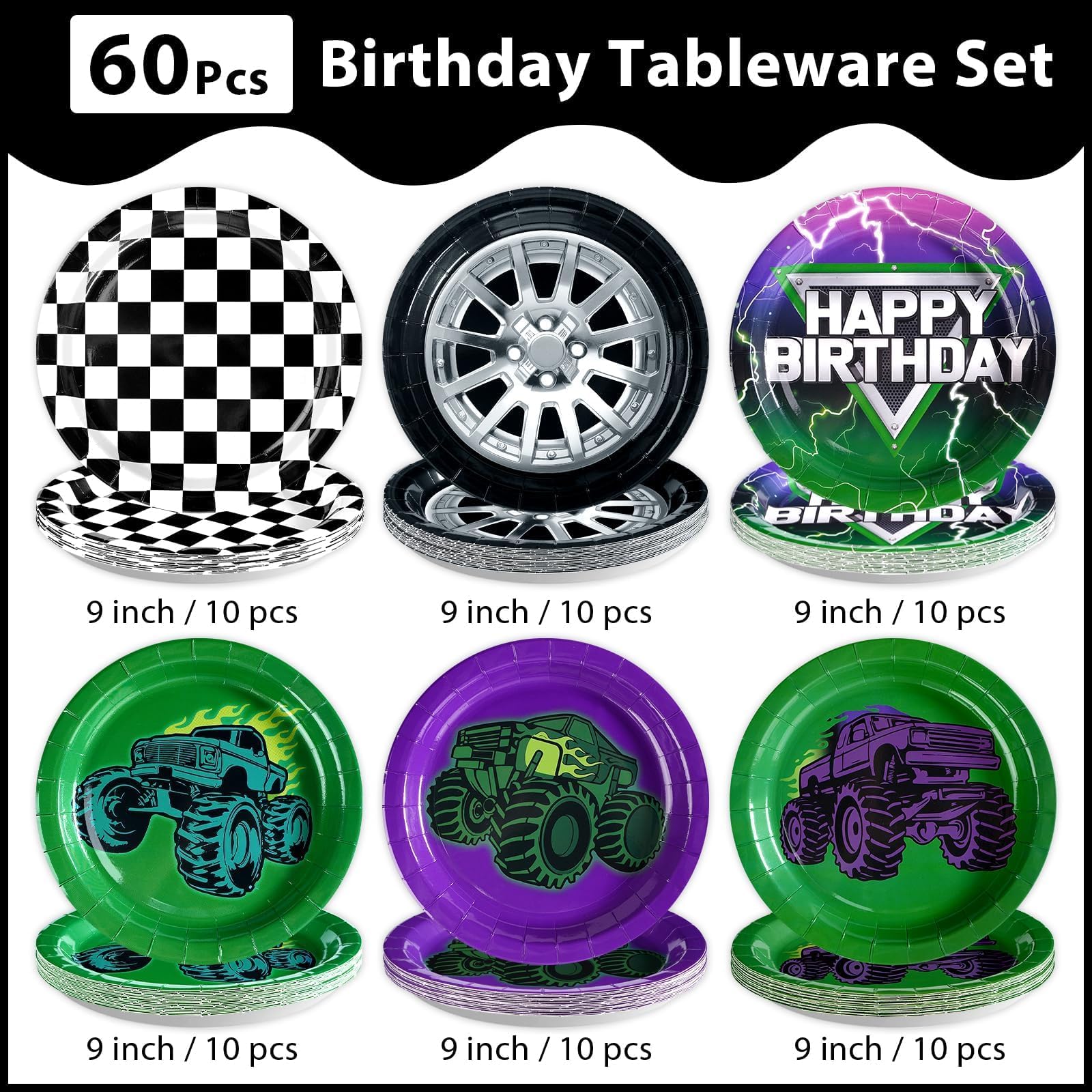 60 Pcs Green Purple Monster Themed Truck Party Plates - Grencian