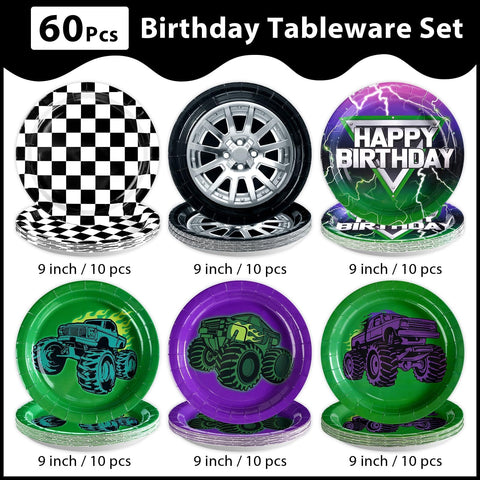 60 Pcs Green Purple Monster Themed Truck Party Plates - Grencian