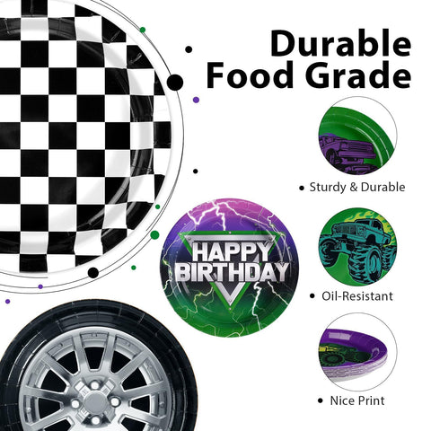 60 Pcs Green Purple Monster Themed Truck Party Plates - Grencian