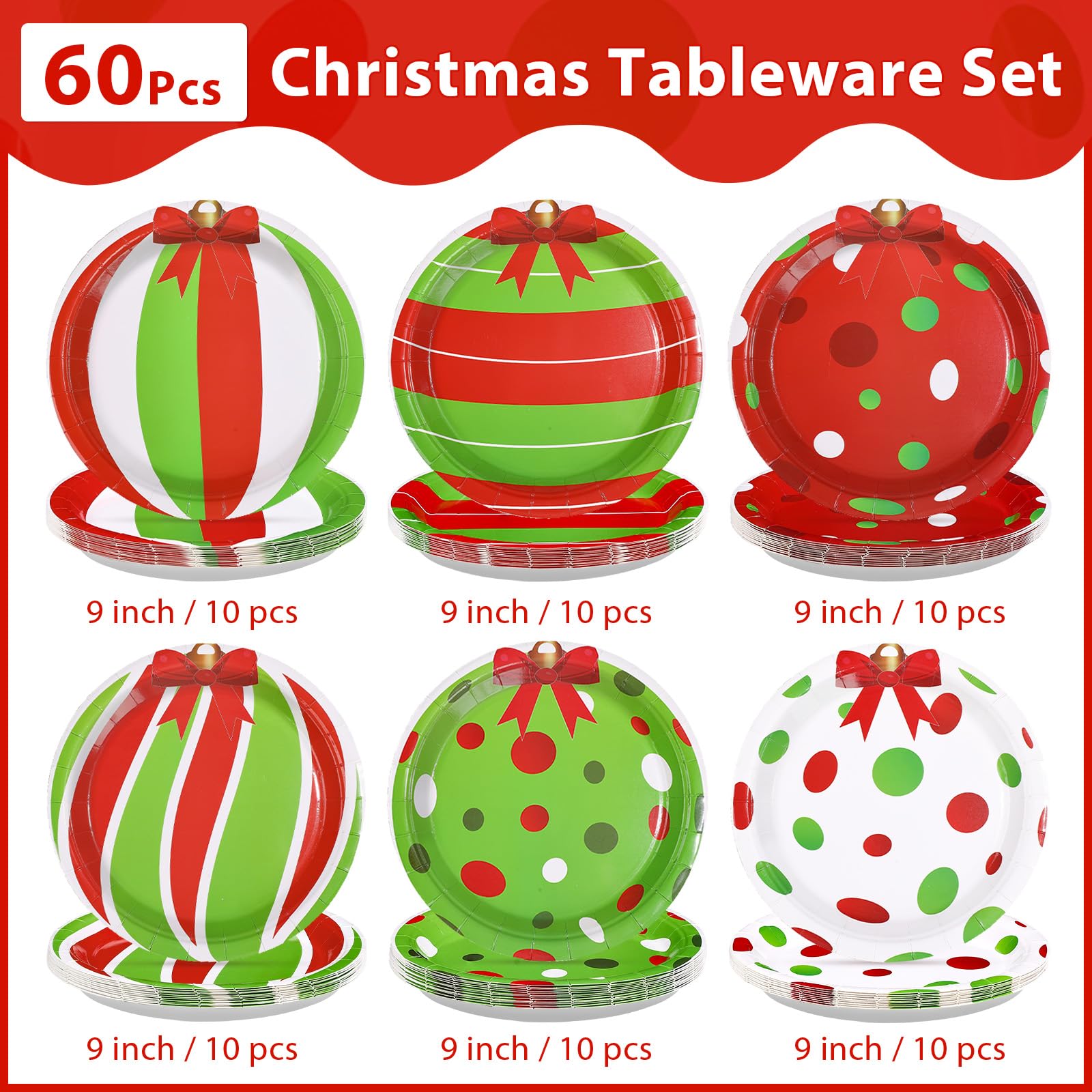 60 Pcs Green Red White Christmas Balls Party Plates - Grencian