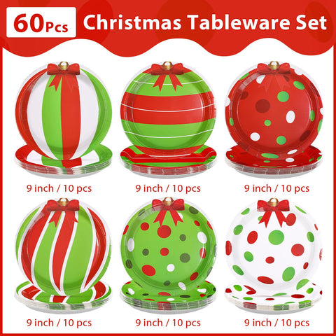 60 Pcs Green Red White Christmas Balls Party Plates - Grencian