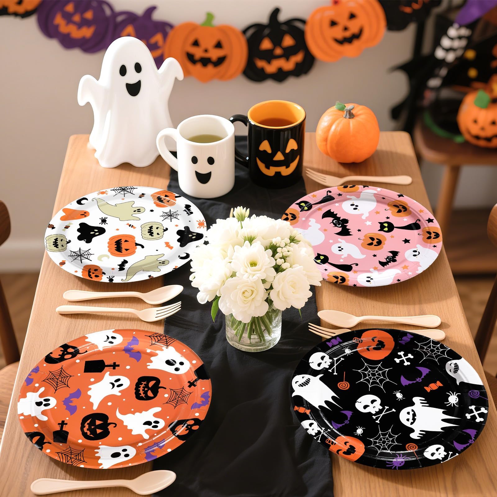 60 Pcs Halloween Cute Ghost Party Plates - Grencian