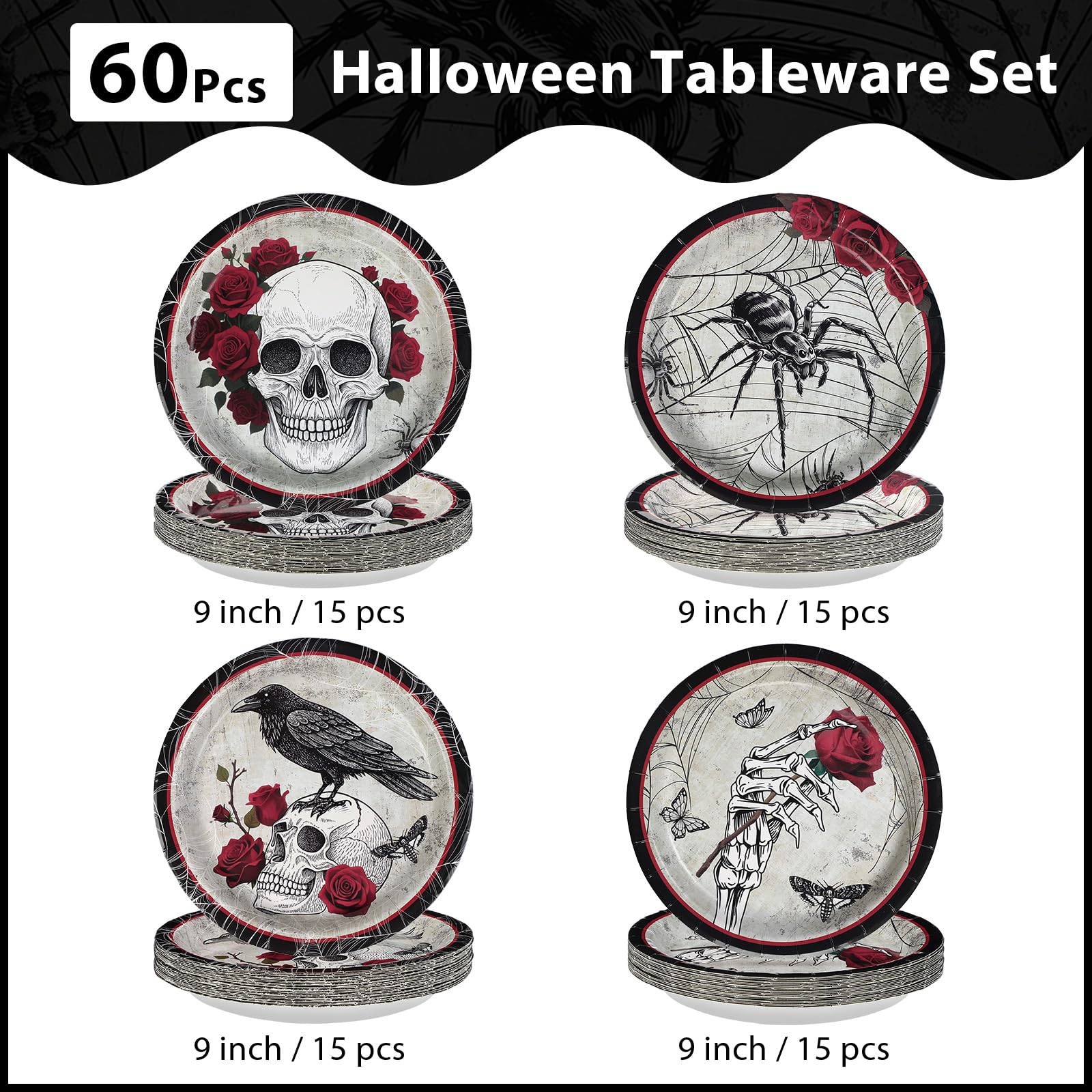 60 Pcs Halloween Gothic Skull Party Plates