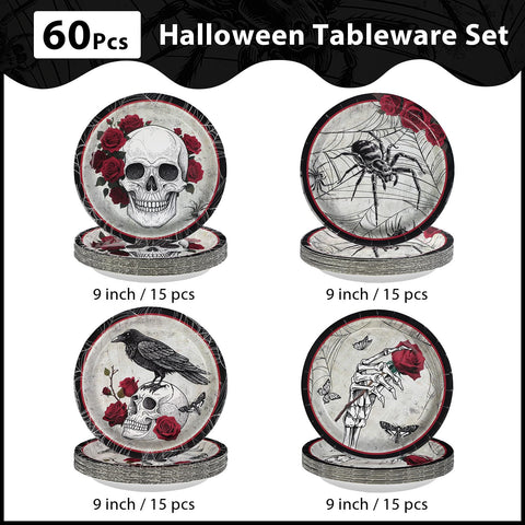 60 Pcs Halloween Gothic Skull Party Plates