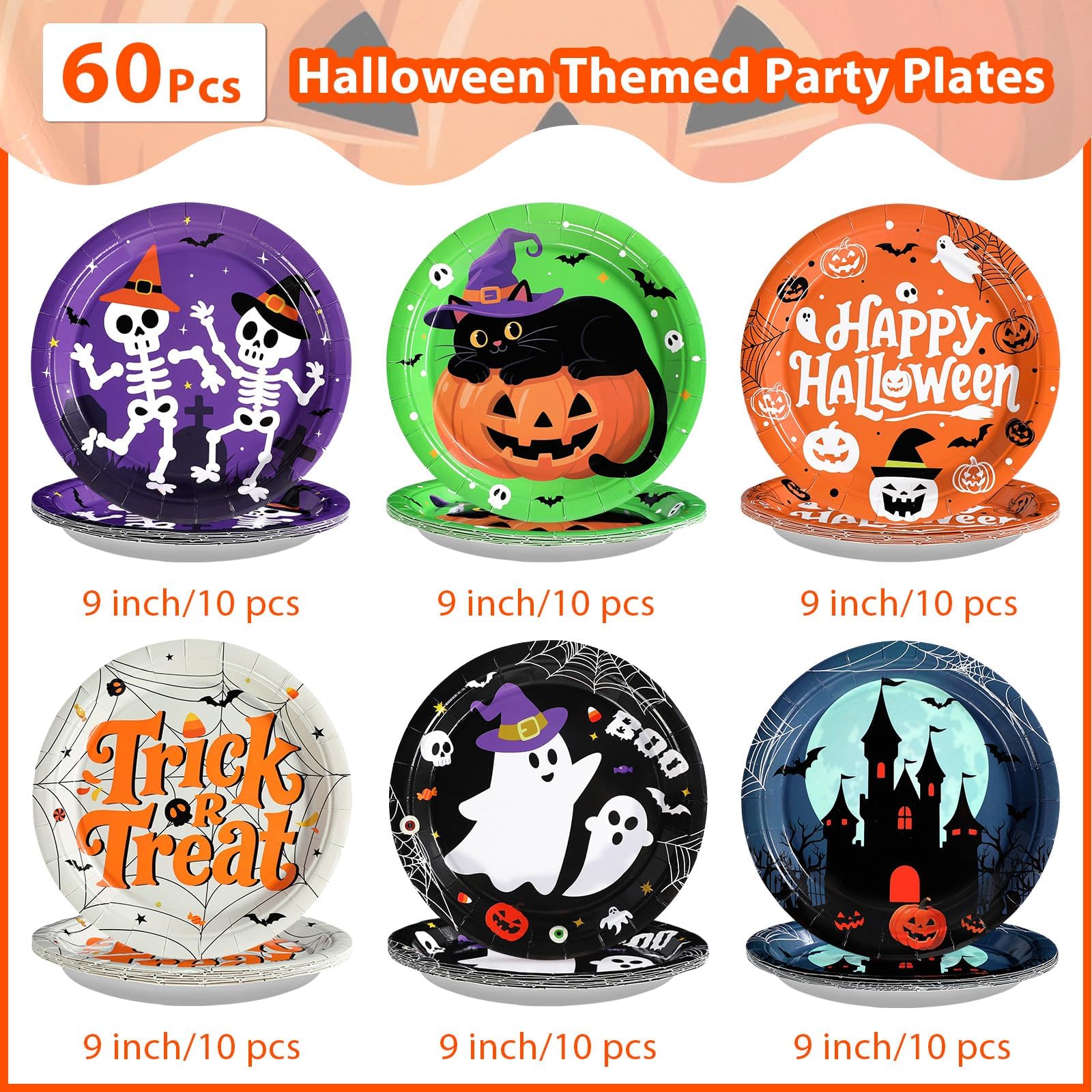 60 Pcs Halloween Trick or Treat Party Plates - Grencian