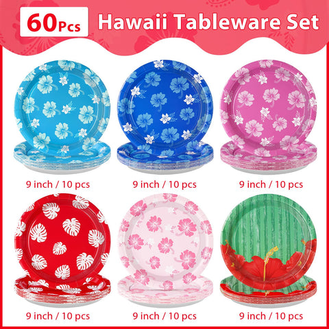 60 Pcs Hawaiian Hibiscus Party Plates - Grencian
