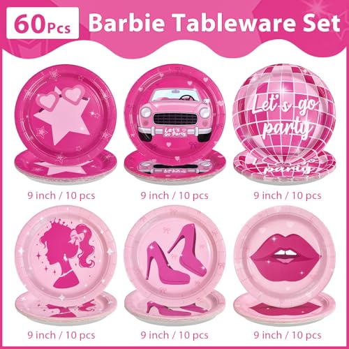 60 Pcs Hot Pink Girls Party Plates - Grencian