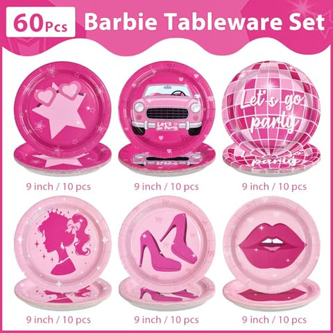 60 Pcs Hot Pink Girls Party Plates - Grencian