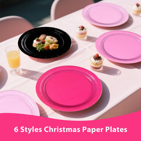 60 Pcs Hot Pink and Black Party Plates - Grencian