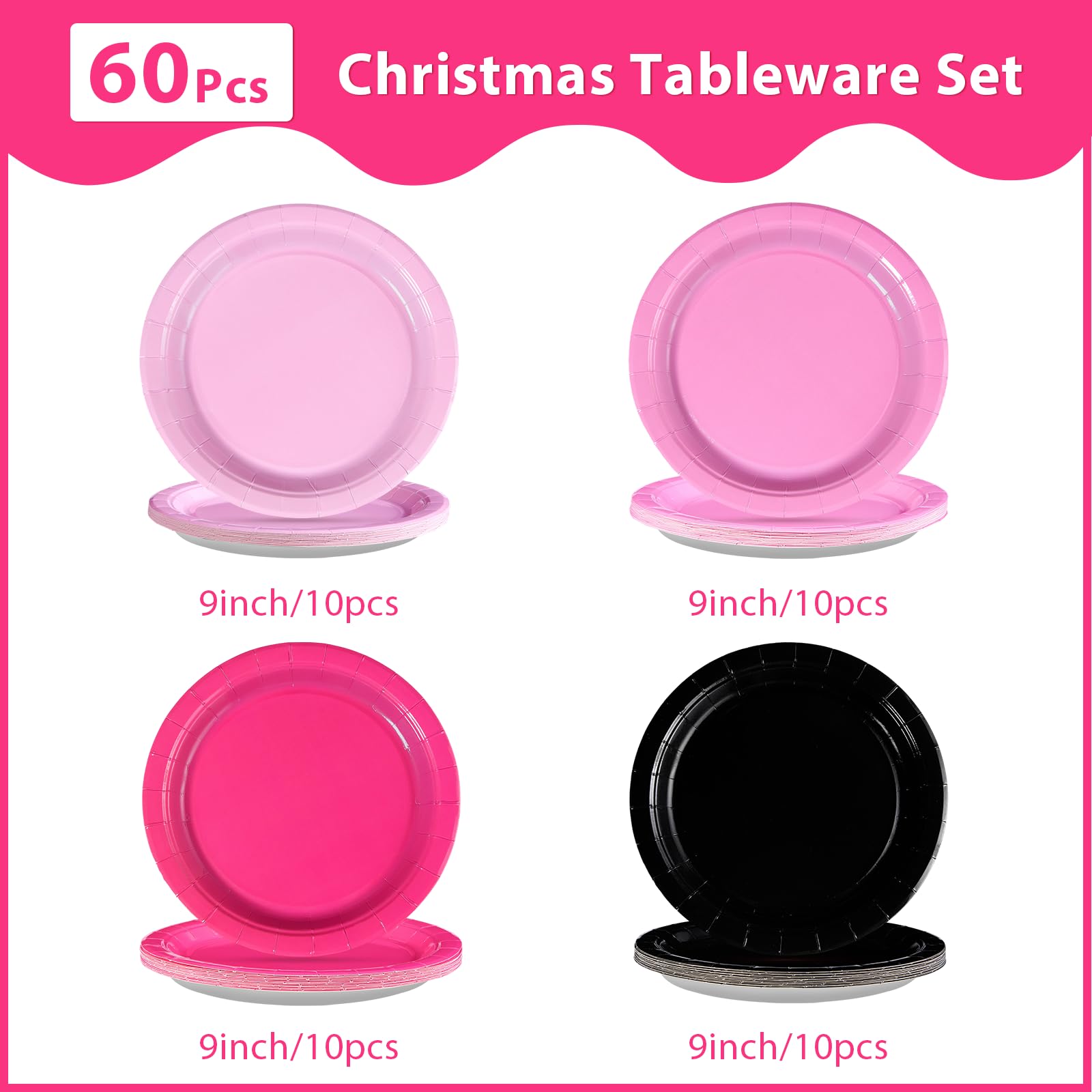 60 Pcs Hot Pink and Black Party Plates - Grencian
