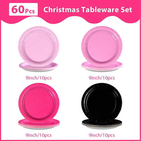 60 Pcs Hot Pink and Black Party Plates - Grencian