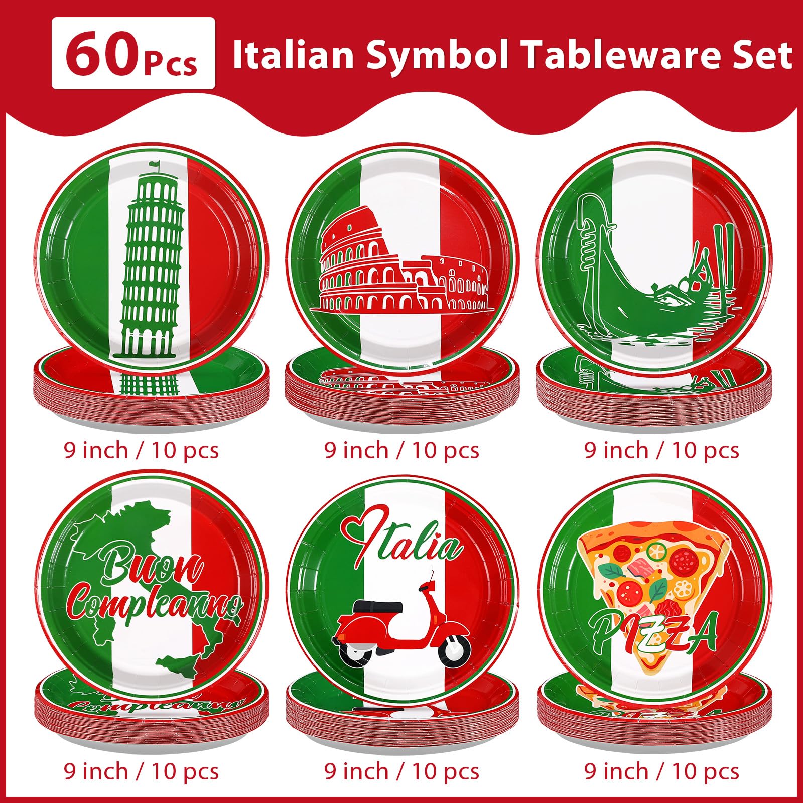 60 Pcs Italian Flag Party Plates - Grencian