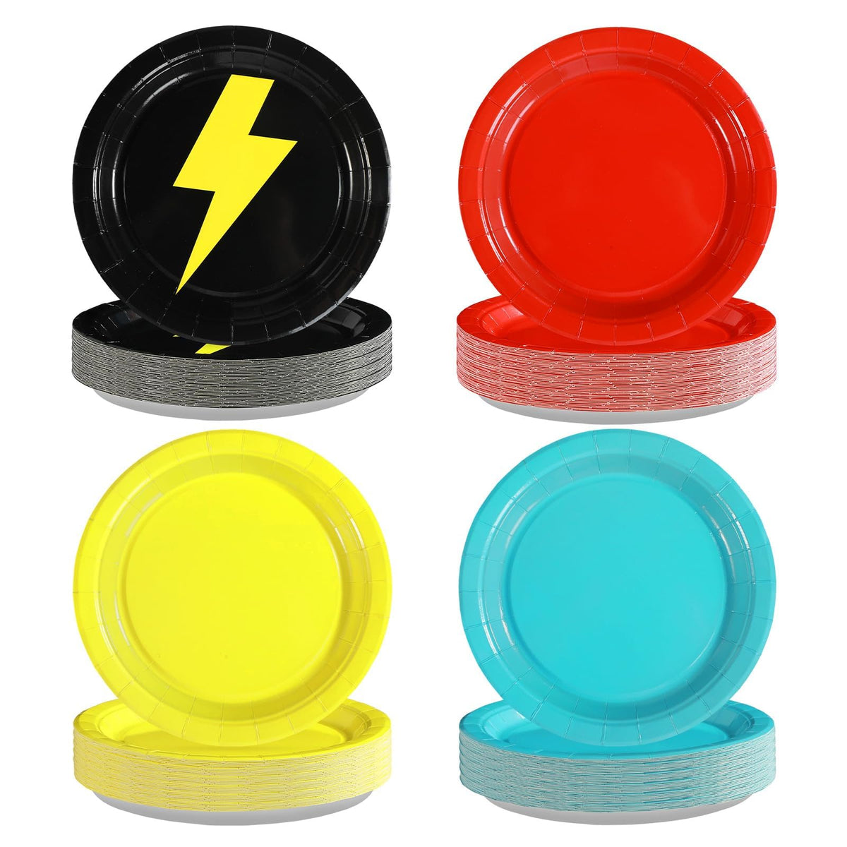 60 Pcs Lightning Solid Red Yellow Blue Party Plates - Grencian
