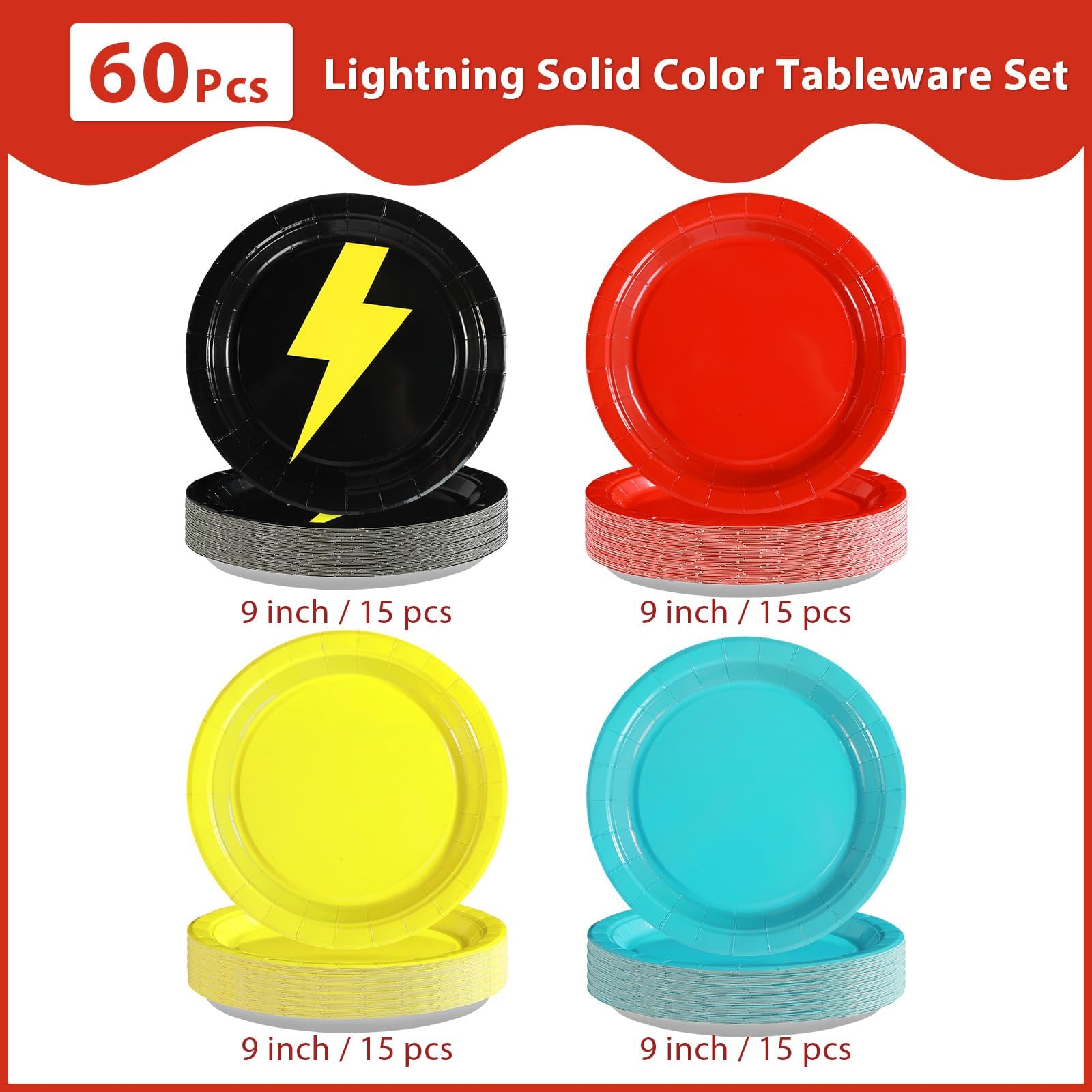 60 Pcs Lightning Solid Red Yellow Blue Party Plates - Grencian