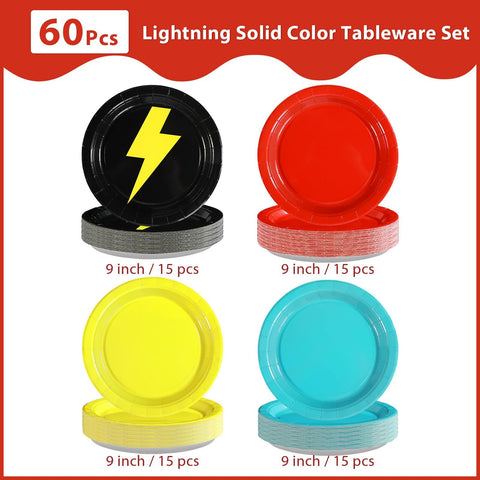 60 Pcs Lightning Solid Red Yellow Blue Party Plates - Grencian