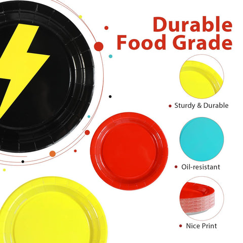 60 Pcs Lightning Solid Red Yellow Blue Party Plates - Grencian