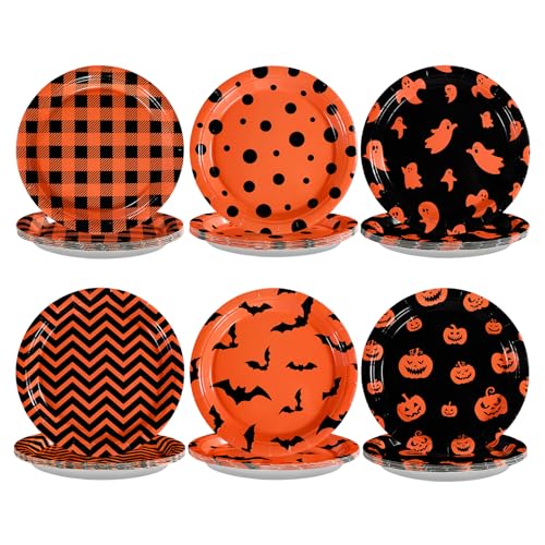 60 Pcs Orange Black Halloween Party Plates - Grencian