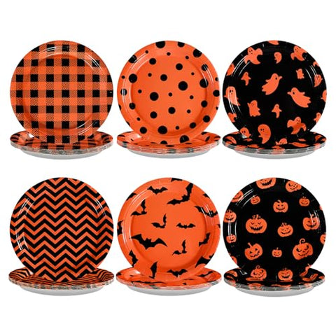 60 Pcs Orange Black Halloween Party Plates - Grencian