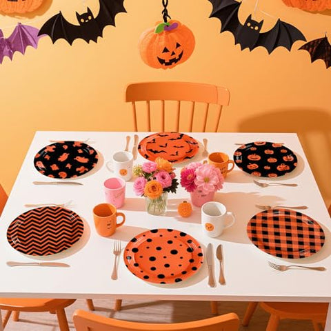 60 Pcs Orange Black Halloween Party Plates - Grencian