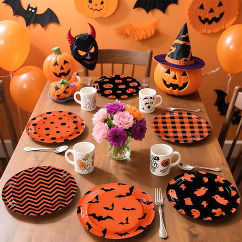 60 Pcs Orange Black Halloween Party Plates - Grencian