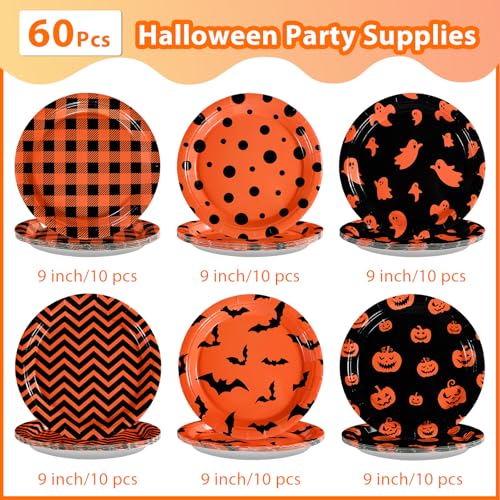 60 Pcs Orange Black Halloween Party Plates - Grencian