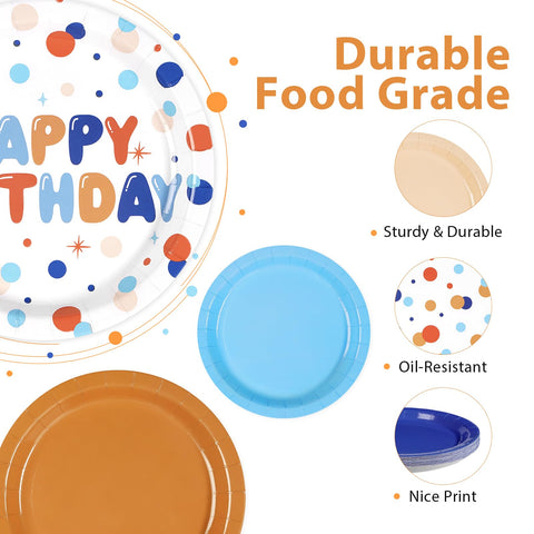 60 Pcs Orange Blue Colorful Dots Party Plates - Grencian